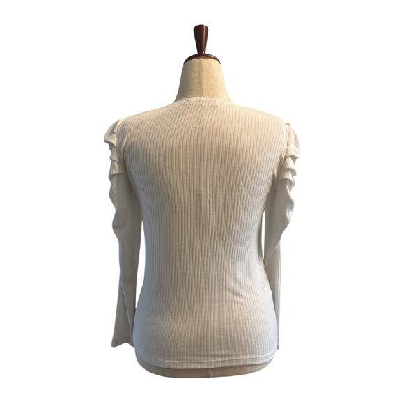 MNG cream puffed ruched shoulder v-neck stretch long sleeve top sz M - Picture 3 of 5